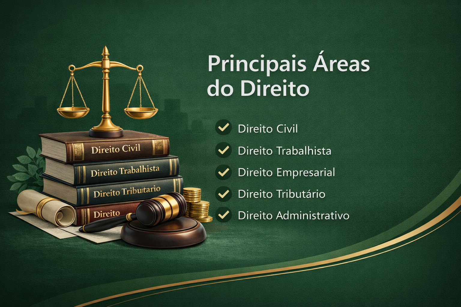 Principais áreas do direito atendidas pelo escritório em Cascavel PR: direito civil, empresarial, trabalhista, tributário e administrativo